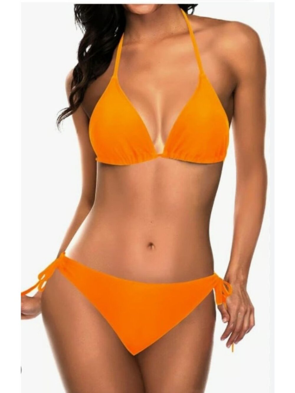 Tempt Me Womens Med 2 Pc Halter Triangle Bikini Adj Tie Sides Bright Orange